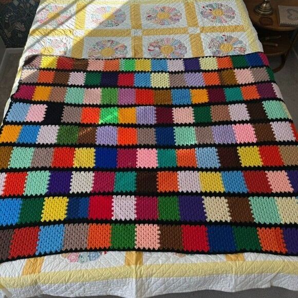 Vintage Handmade Crochet Rainbow Retro Wool Patchwork Afghan Throw Blanket - Picture 3 of 6